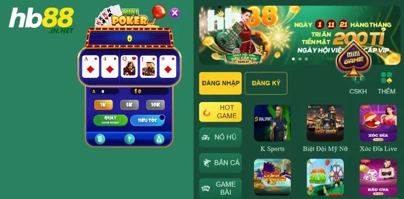 Mini game HB88 - Sảnh cá cược bùng nổ đổi thưởng cực khủng